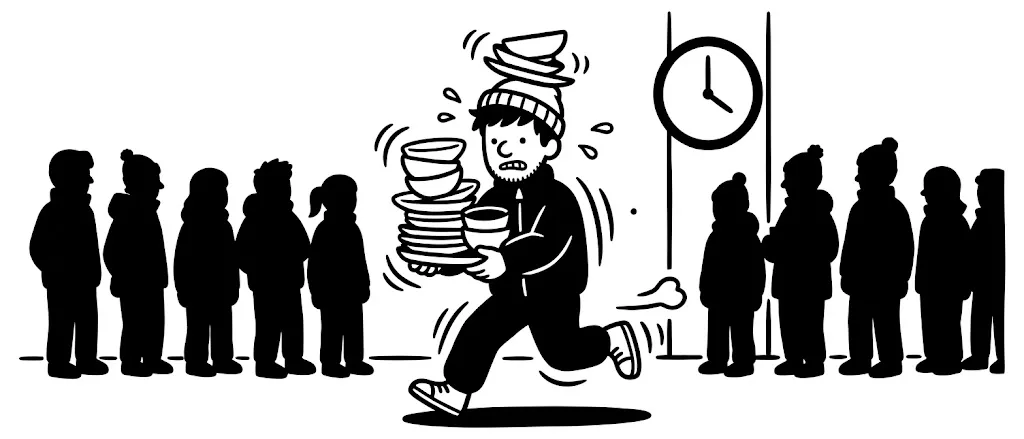 繁忙期に食器を積んで走る男性